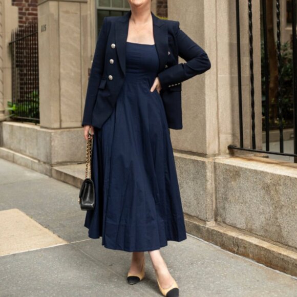 BEST STAUD Wells Midi Dress Sz6/8/10 Navy Blue Classic Cotton Party Wedding - Picture 3 of 12